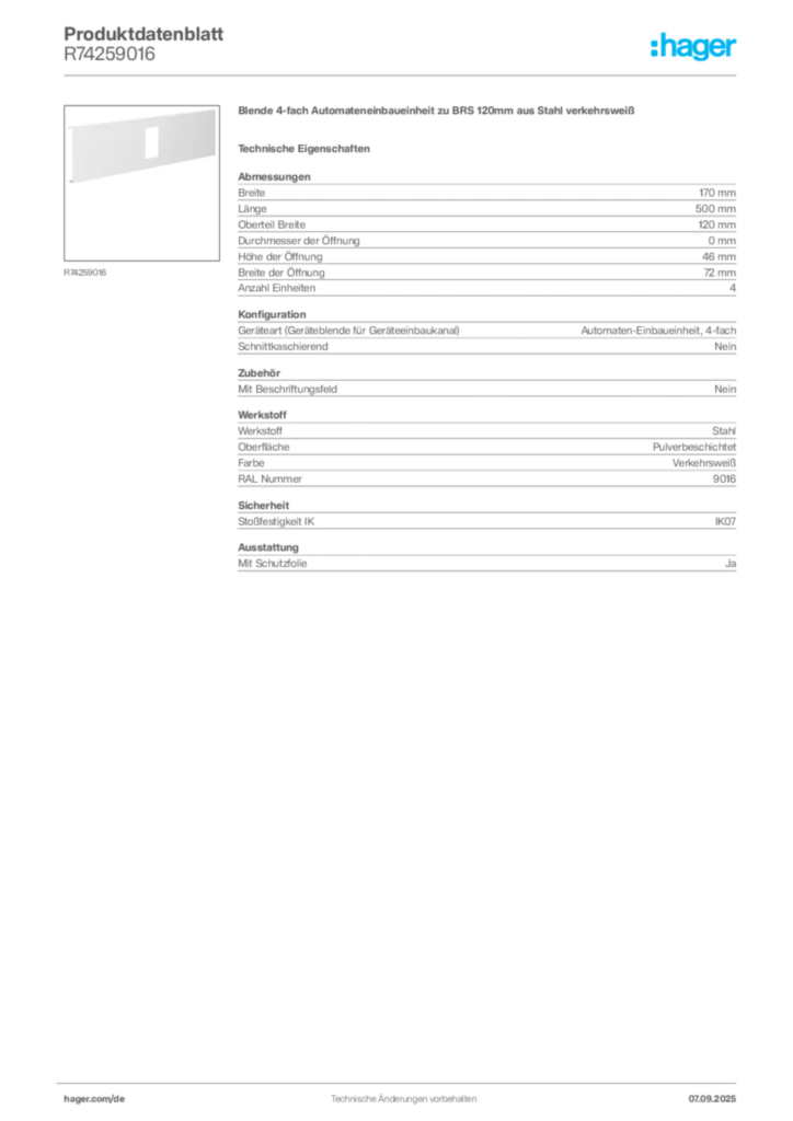 Bild Hager Produktdatenblatt R74259016 | Hager Deutschland