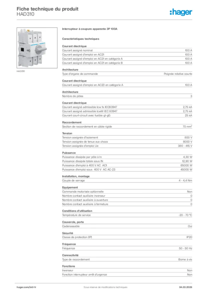 Image Hager Fiche technique du produit HAD310 | Hager Afrique