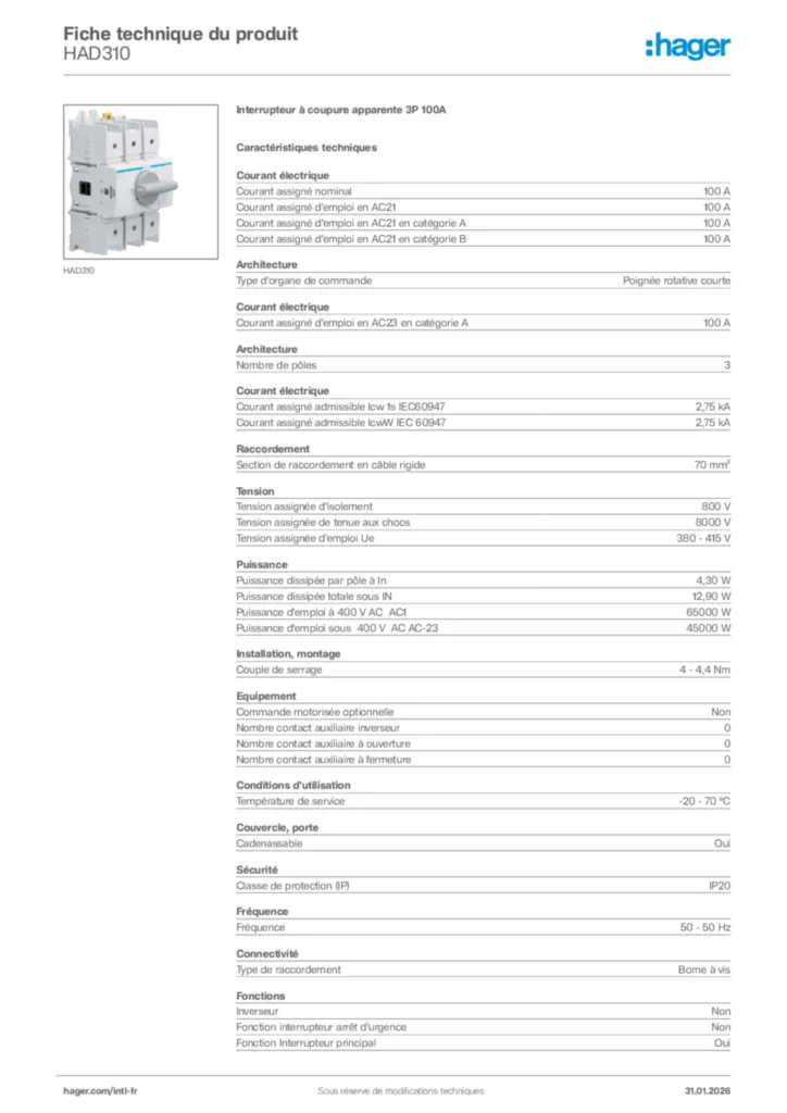 Image Hager Fiche technique du produit HAD310 | Hager Afrique