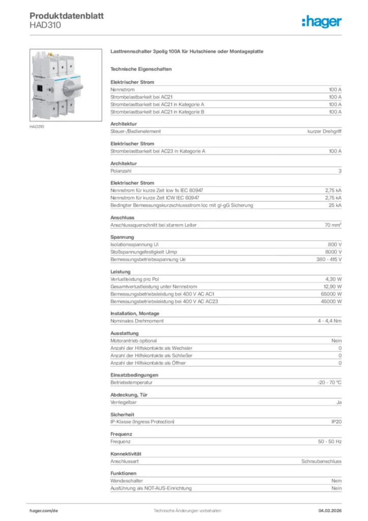 Bild Hager Produktdatenblatt HAD310 | Hager Deutschland