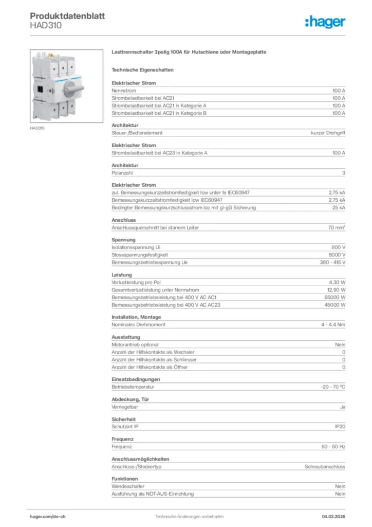 Bild Hager Produktdatenblatt HAD310 | Hager Schweiz