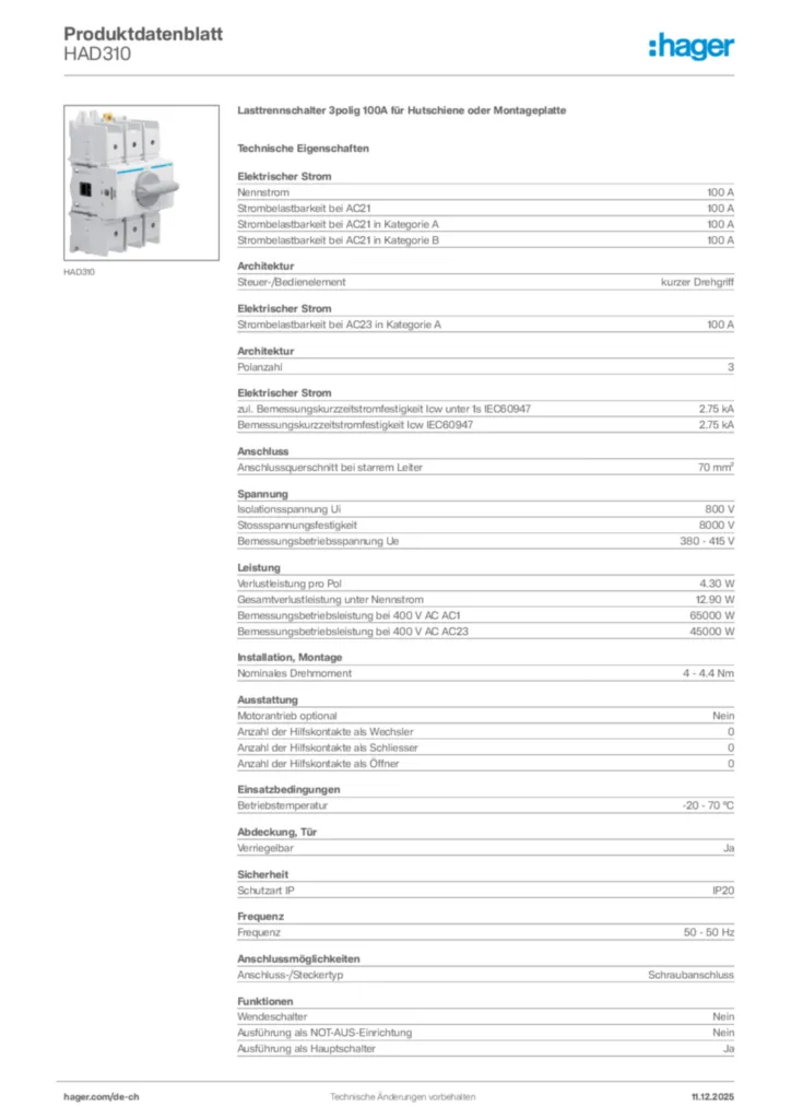 Bild Hager Produktdatenblatt HAD310 | Hager Schweiz