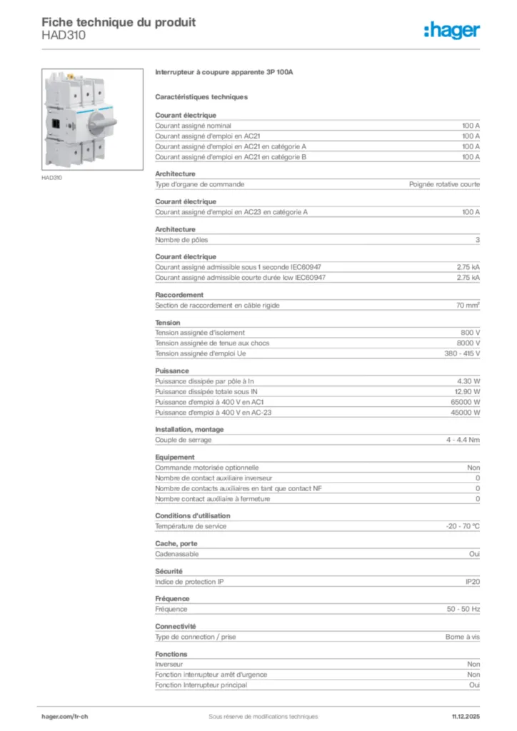 Image Hager Fiche technique du produit HAD310 | Hager Suisse