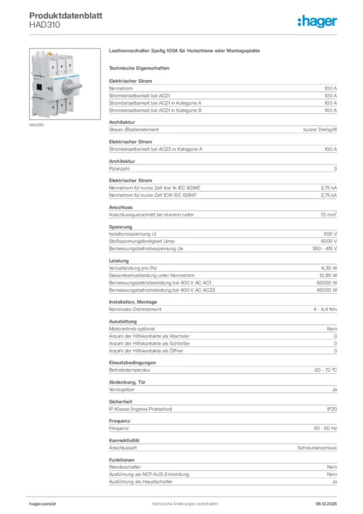 Bild Hager Produktdatenblatt HAD310 | Hager Deutschland
