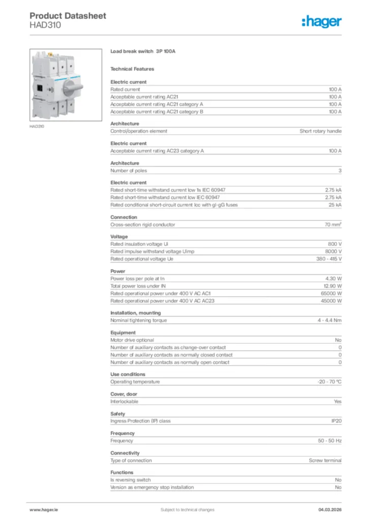 Image Hager Product data sheet HAD310  | Hager