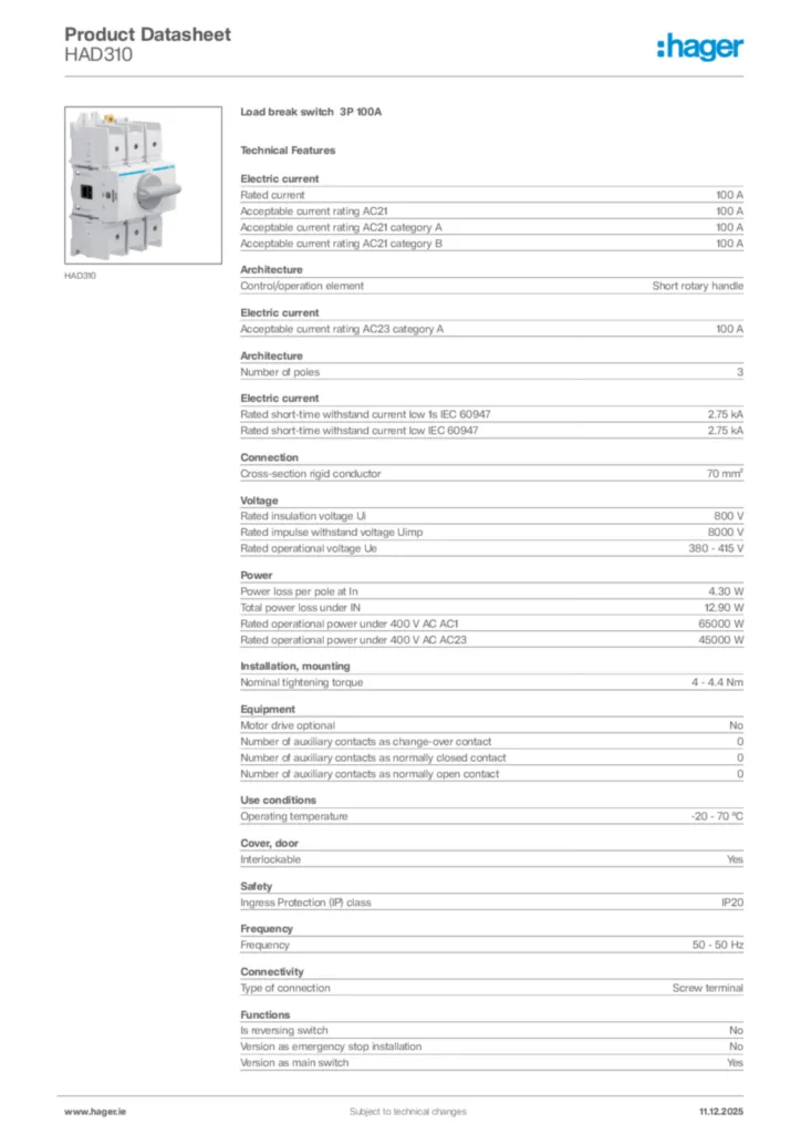 Image Hager Product data sheet HAD310  | Hager