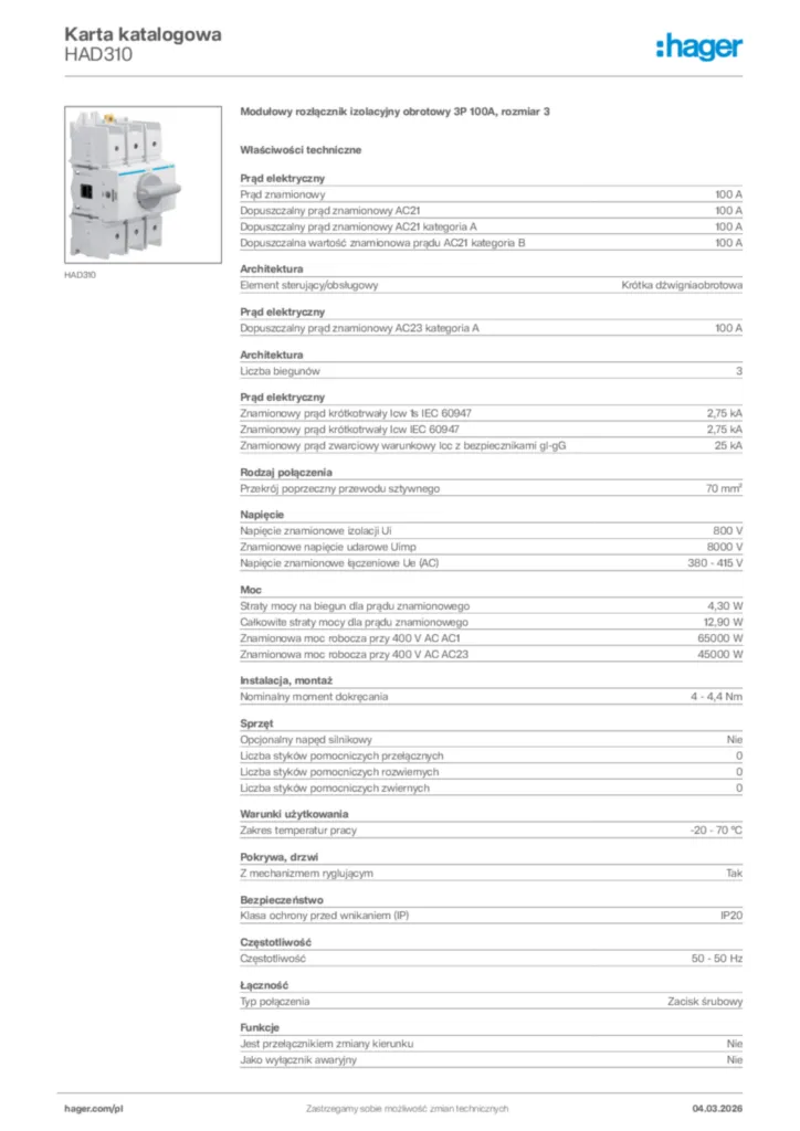 Zdjęcie Hager Karta katalogowa HAD310 | Hager Polska