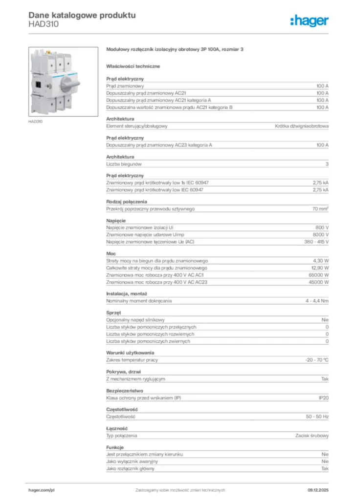 Zdjęcie Hager Dane katalogowe produktu HAD310 | Hager Polska