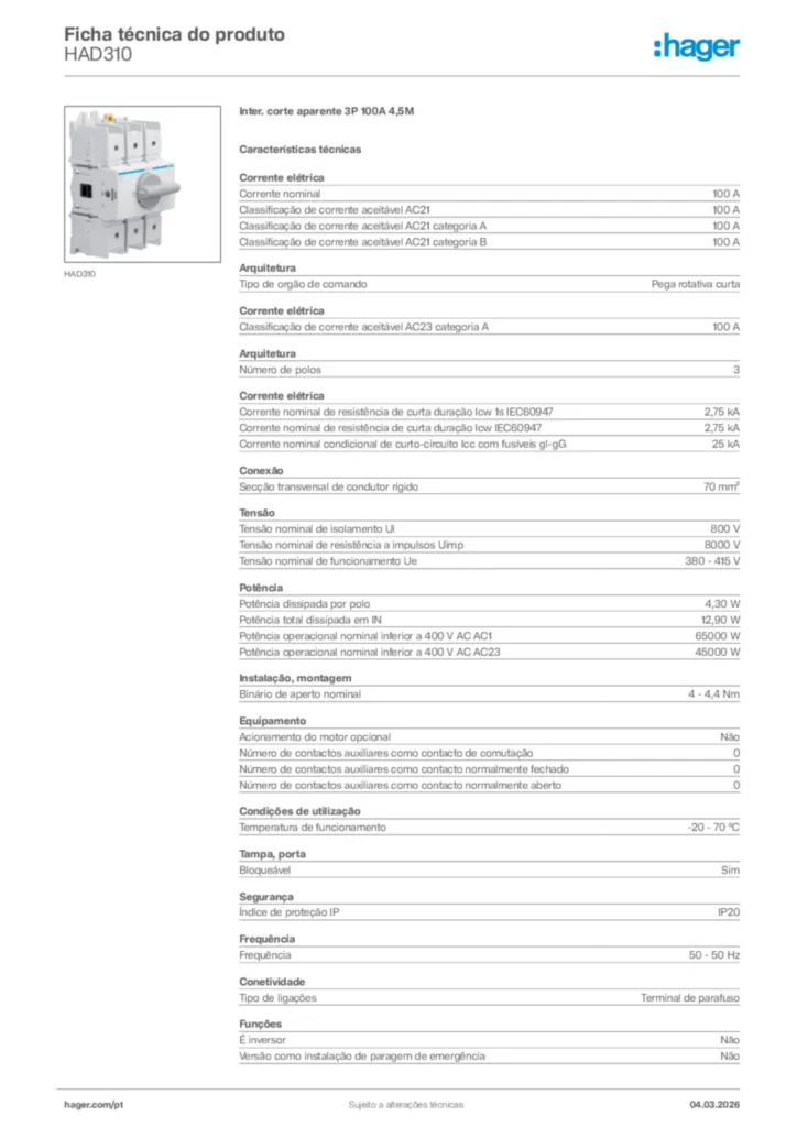 Imagem Hager Ficha técnica do produto HAD310 | Hager Portugal