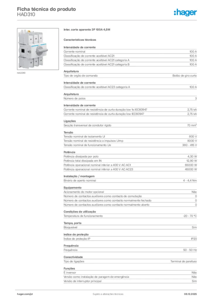 Imagem Hager Ficha técnica do produto HAD310 | Hager Portugal