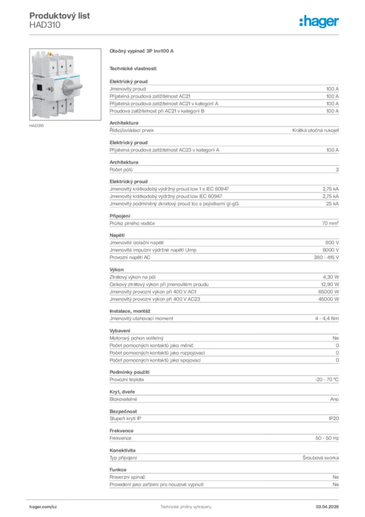 Obrázek Hager Product data sheet HAD310 | Hager