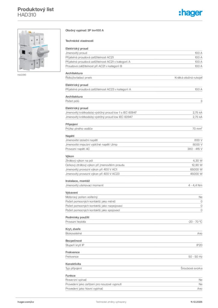 Obrázek Hager Produktový list HAD310 | Hager