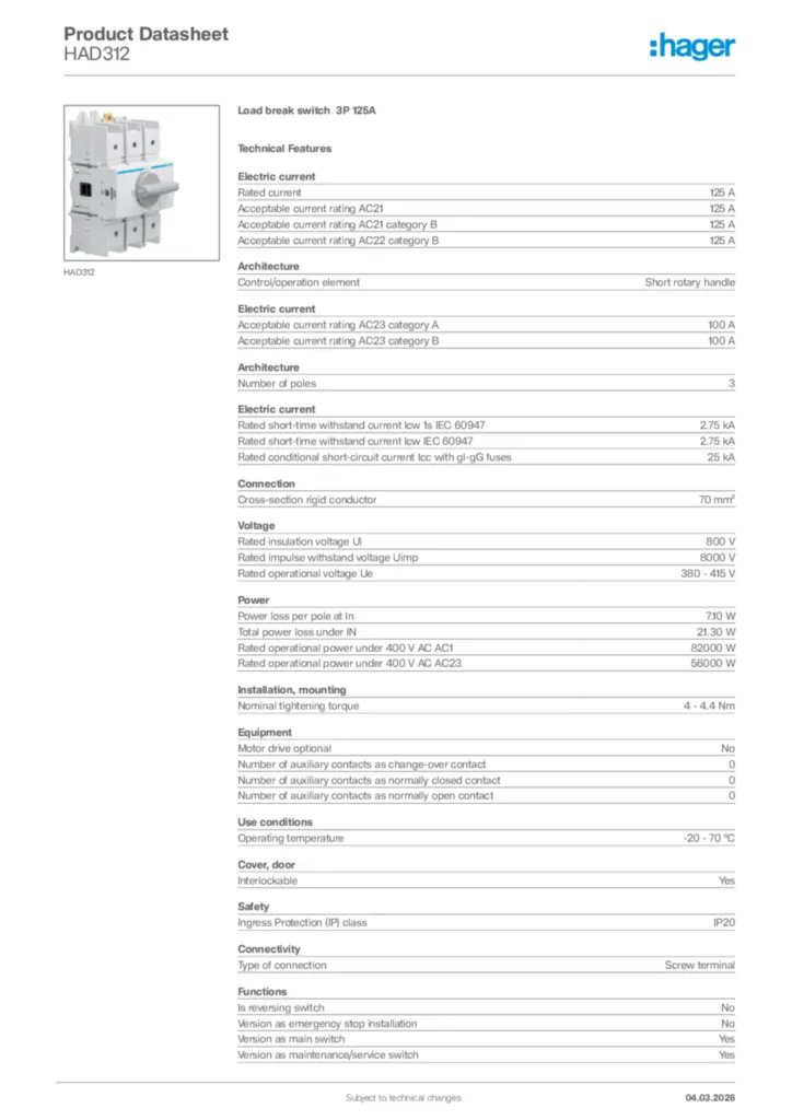 Image Hager Product data sheet HAD312  | Hager Africa