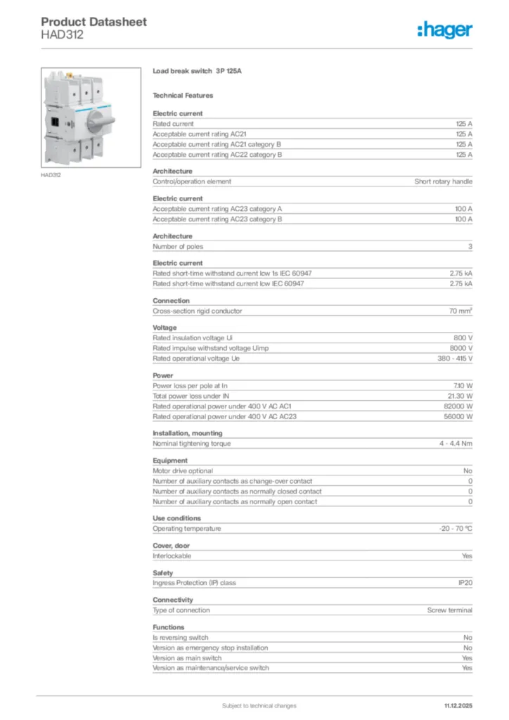 Image Hager Product data sheet HAD312  | Hager Africa