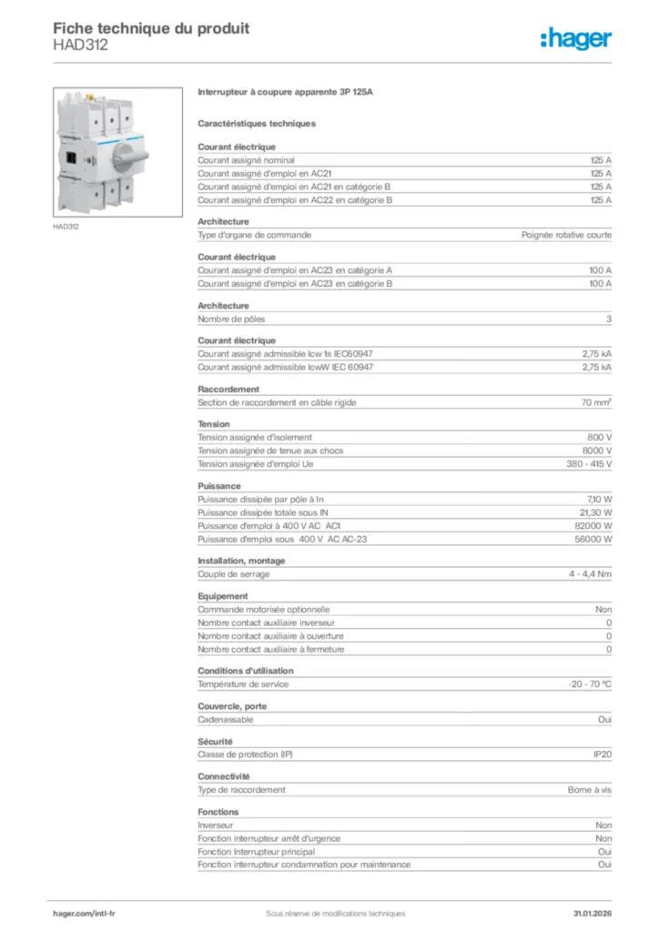 Image Hager Fiche technique du produit HAD312 | Hager Afrique