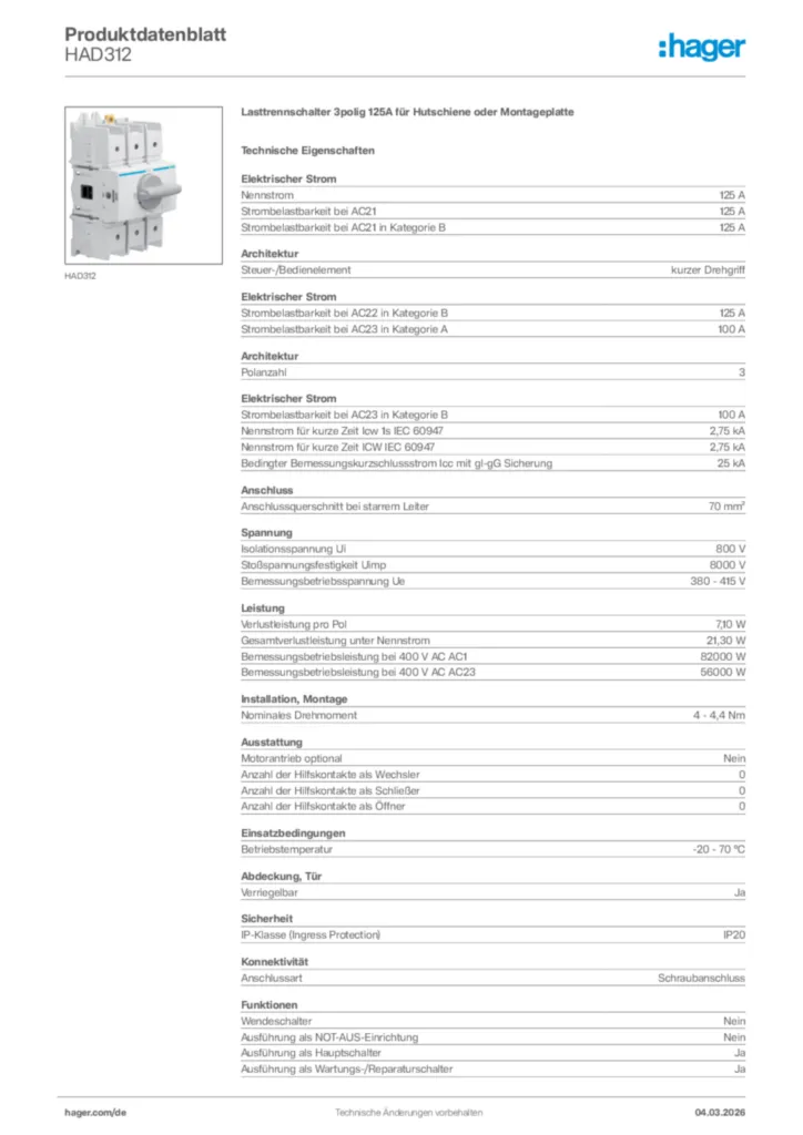 Bild Hager Produktdatenblatt HAD312 | Hager Deutschland