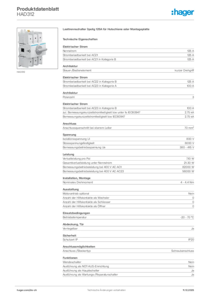 Bild Hager Produktdatenblatt HAD312 | Hager Schweiz