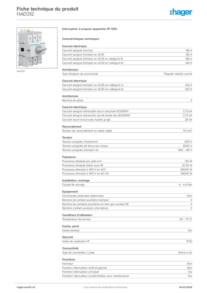 Image Hager Fiche technique du produit HAD312 | Hager Suisse
