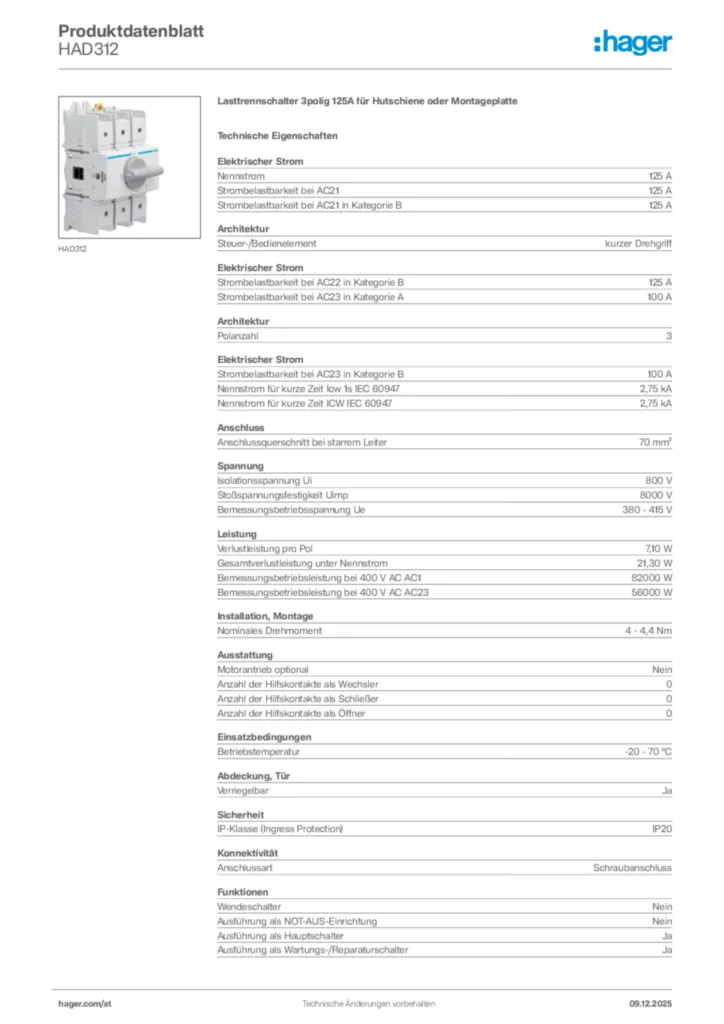 Bild Hager Produktdatenblatt HAD312 | Hager Deutschland