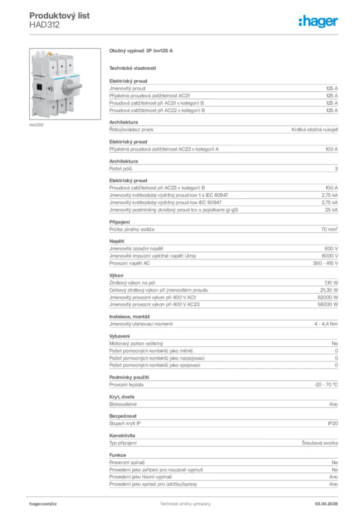Obrázek Hager Product data sheet HAD312 | Hager