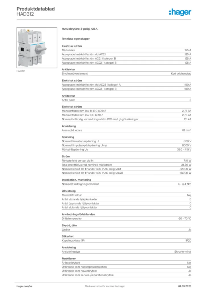 Bild Hager Produktdatablad HAD312 | Hager Sverige
