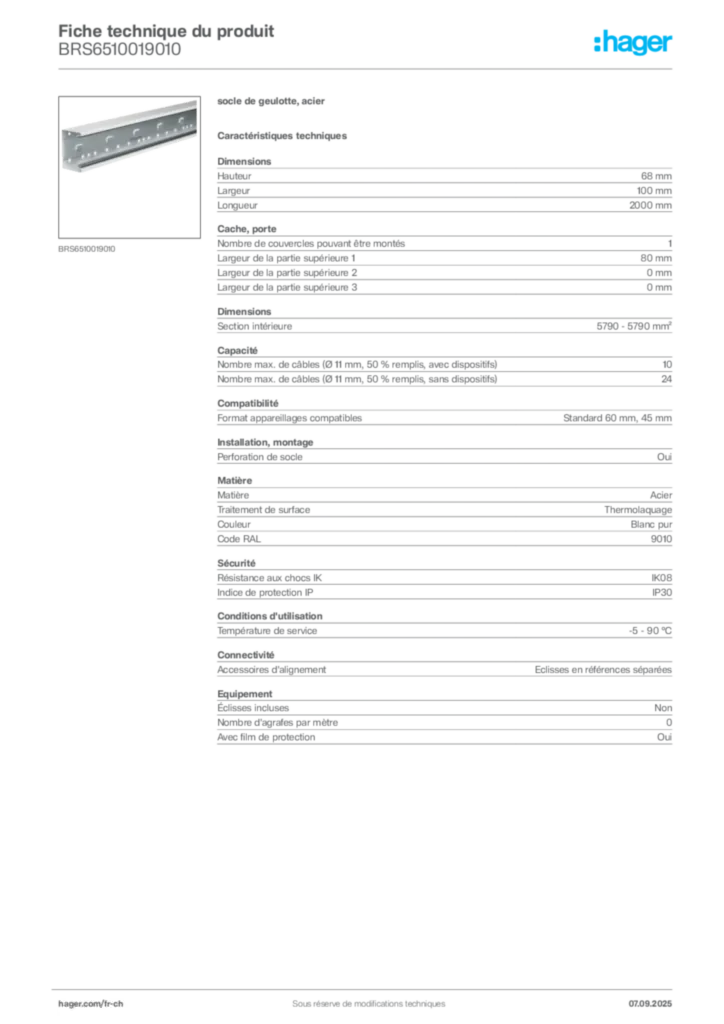 Image Hager Fiche technique du produit BRS6510019010 | Hager Suisse