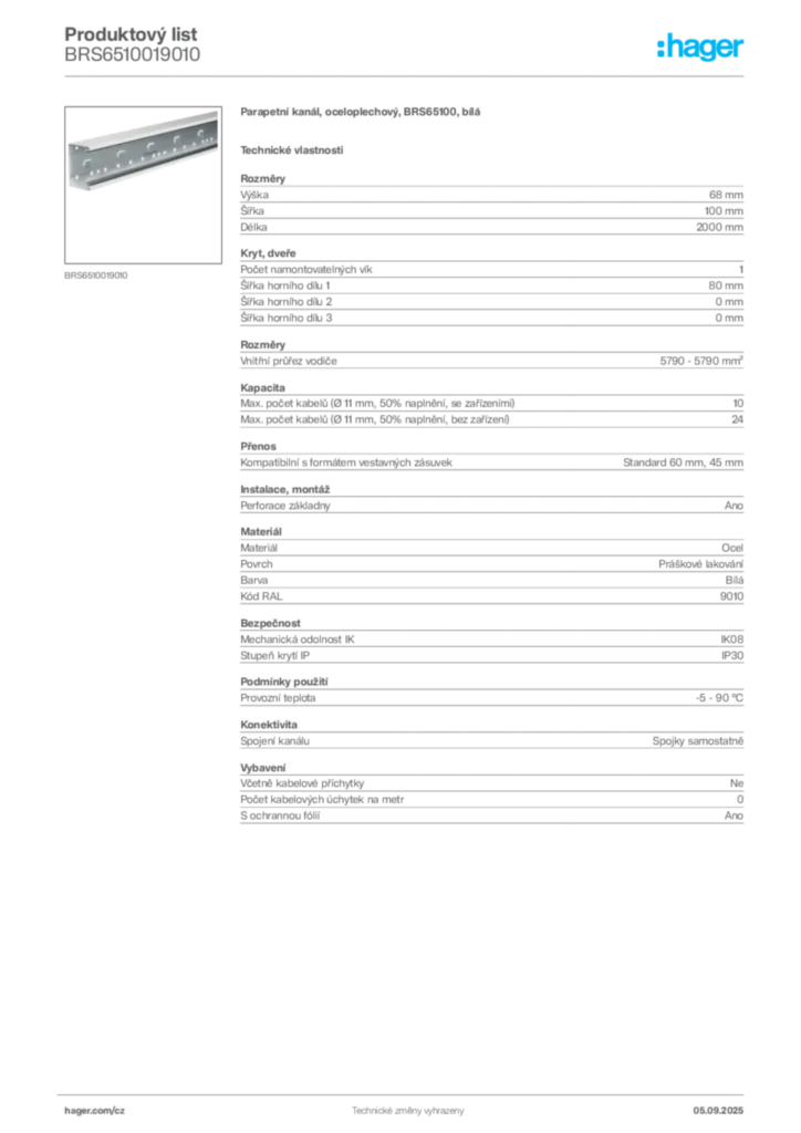 Obrázek Hager Produktový list BRS6510019010 | Hager
