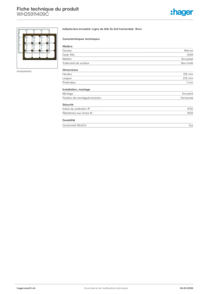 Image Hager Fiche technique du produit WH25911409C | Hager Suisse