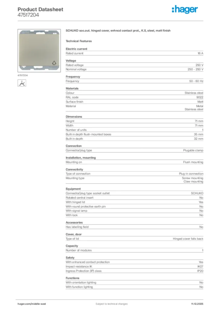 Image Hager Product data sheet 47517204  | Hager
