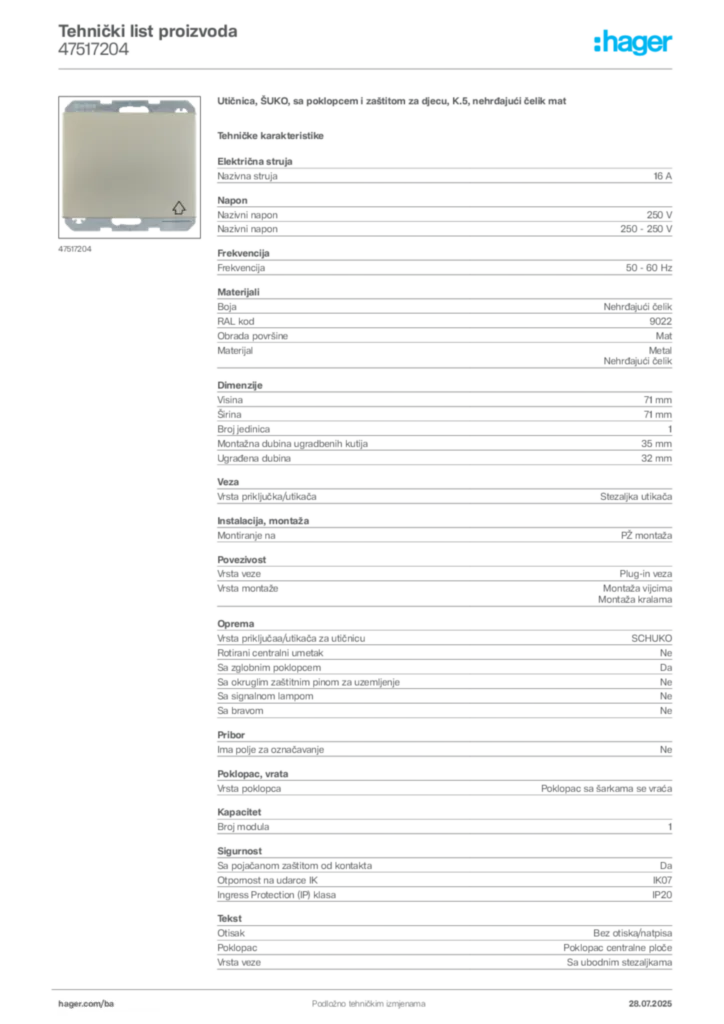 Slika Hager Product data sheet 47517204  | Hager