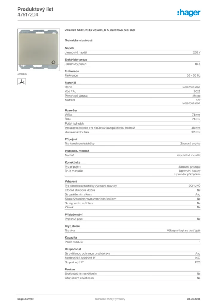 Obrázek Hager Product data sheet 47517204 | Hager