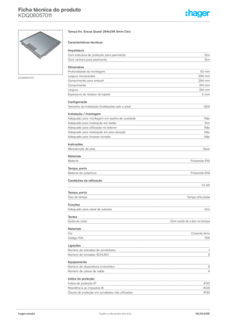 Imagem Hager Ficha técnica do produto KDQ08057011 | Hager Portugal