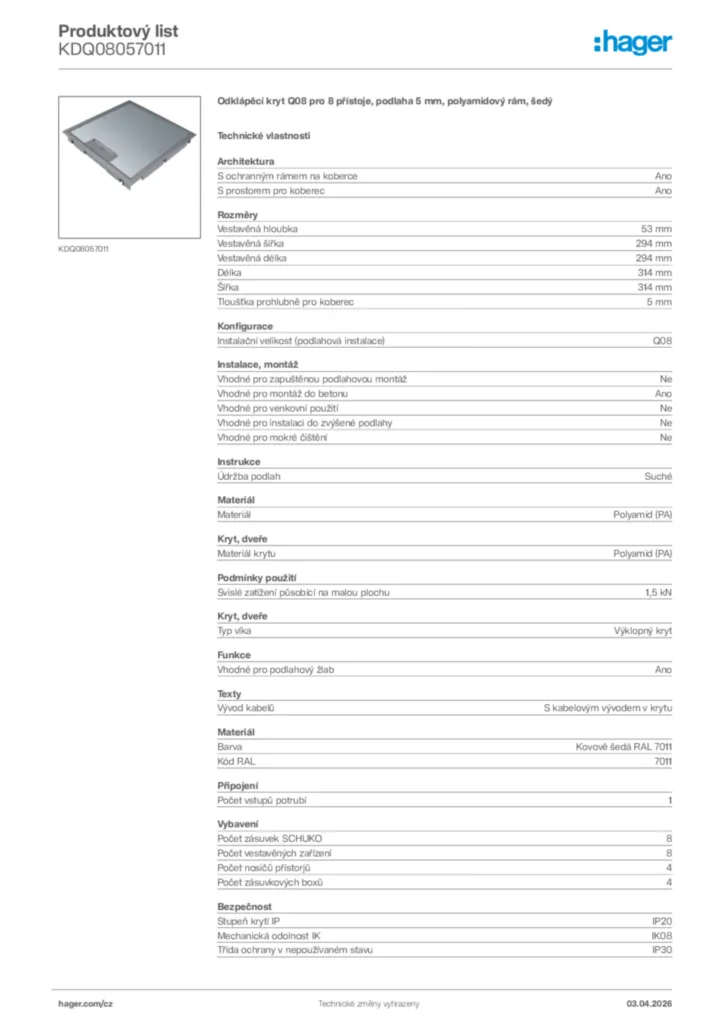 Obrázek Hager Product data sheet KDQ08057011 | Hager