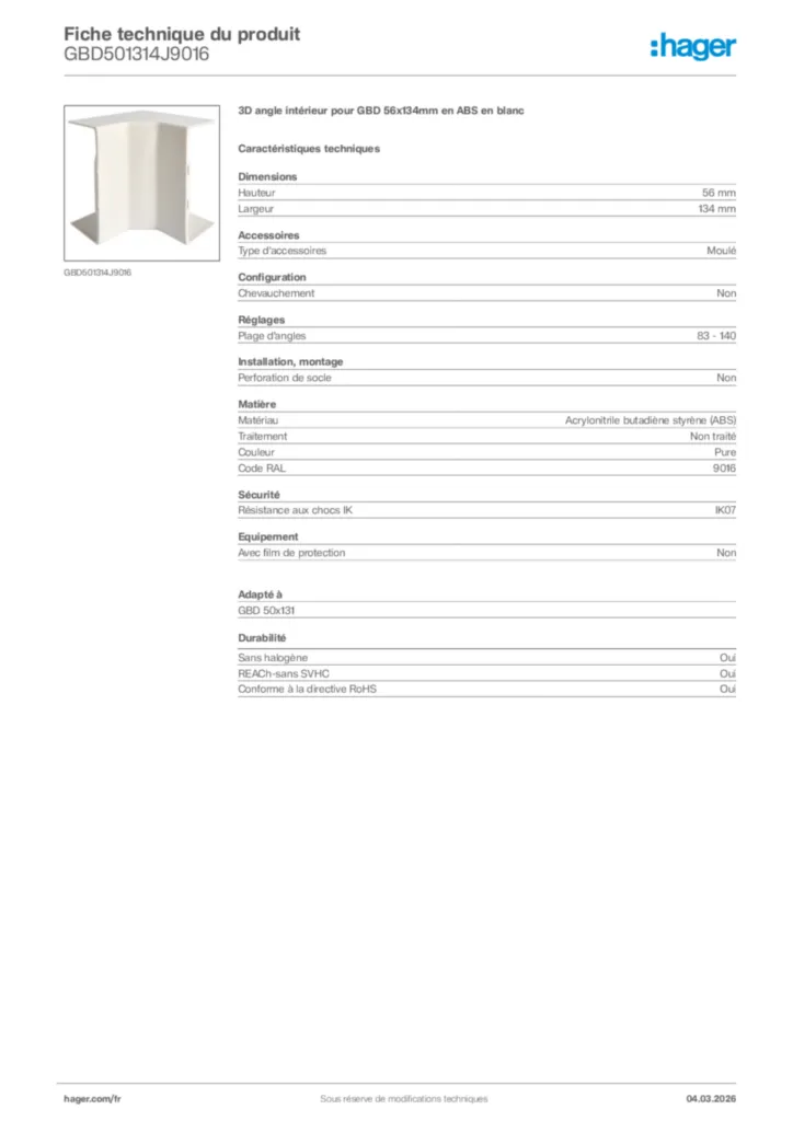Image Hager Fiche technique du produit GBD501314J9016 | Hager France