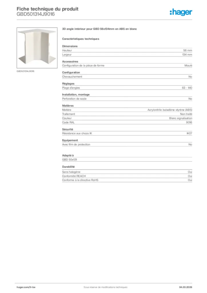 Image Hager Fiche technique du produit GBD501314J9016 | Hager Belgique
