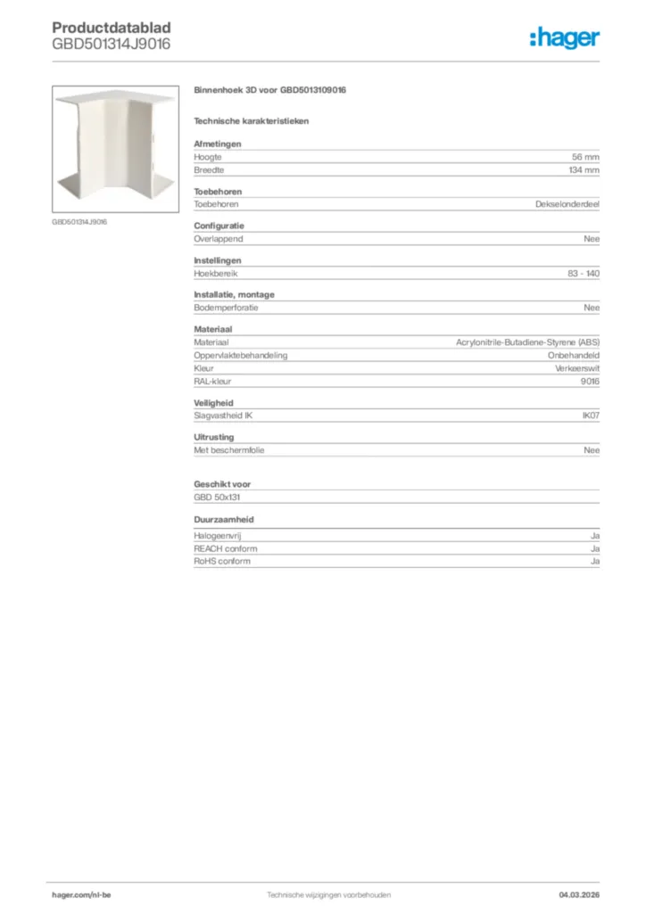 Afbeelding Hager Productdatablad GBD501314J9016 | Hager Belgium