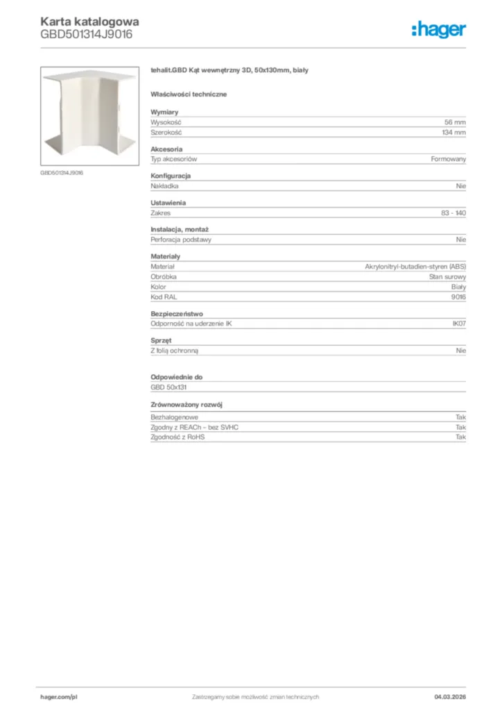 Zdjęcie Hager Karta katalogowa GBD501314J9016 | Hager Polska