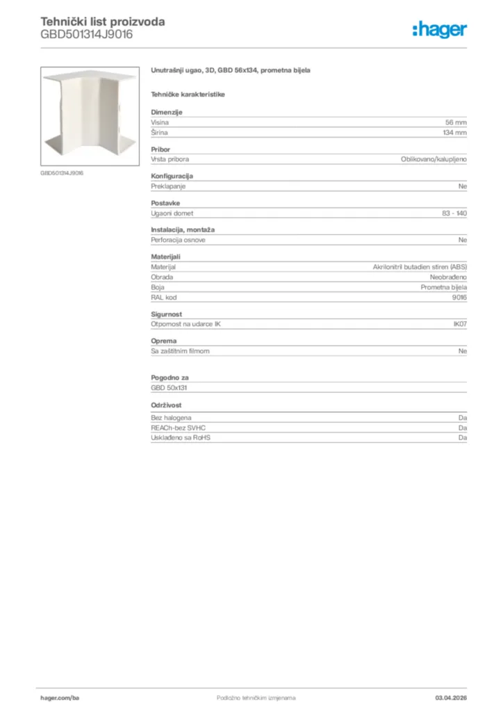 Slika Hager Tehnički list proizvoda GBD501314J9016  | Hager