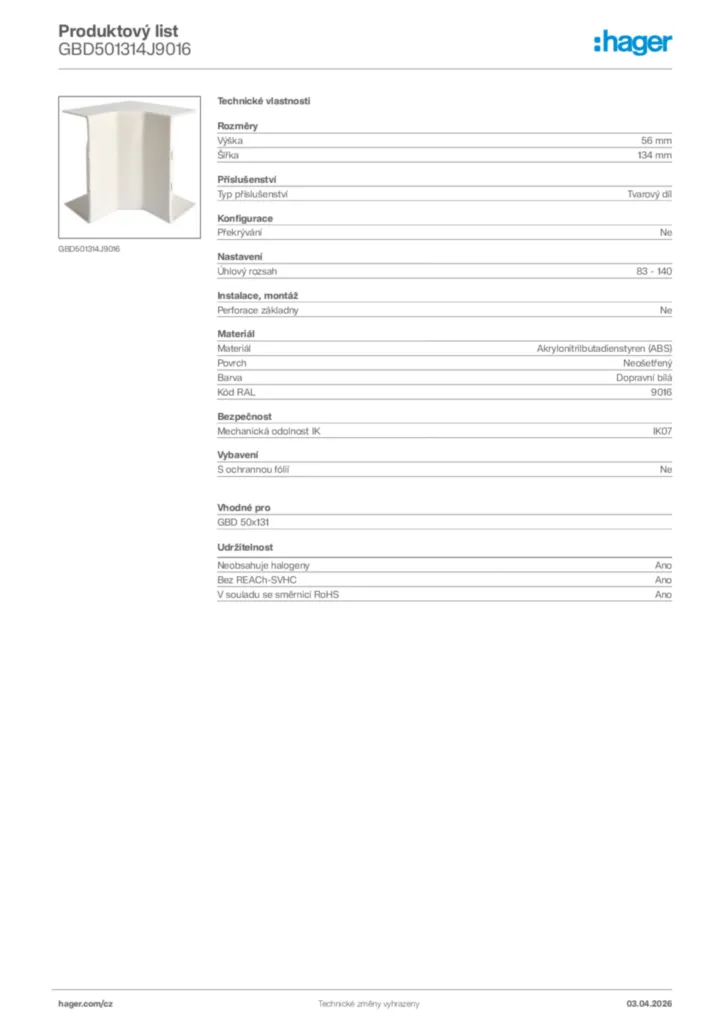 Obrázek Hager Product data sheet GBD501314J9016 | Hager