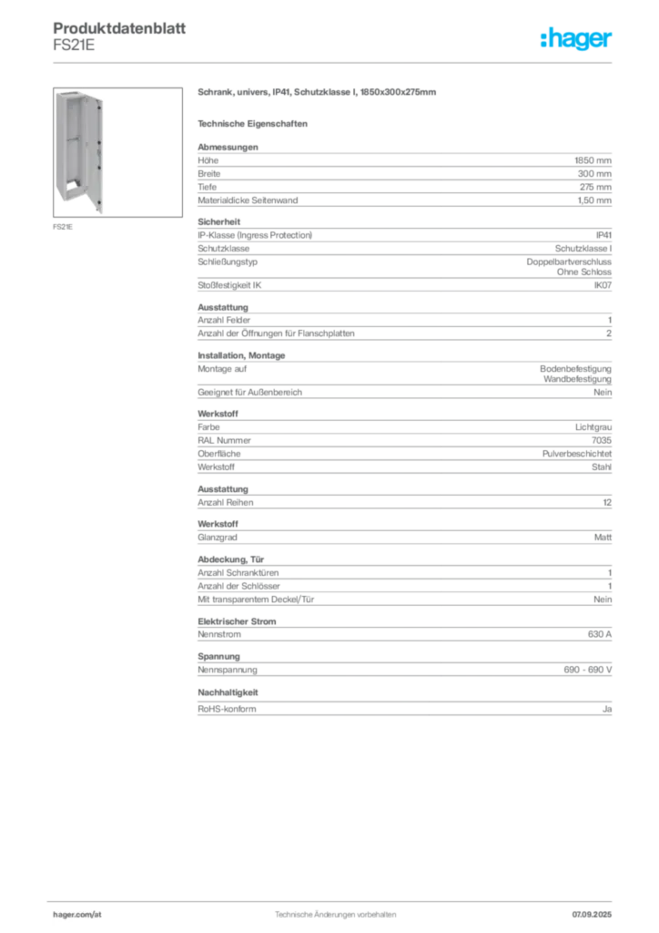Bild Hager Produktdatenblatt FS21E | Hager Deutschland