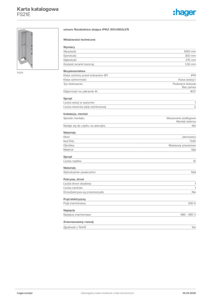 Zdjęcie Hager Karta katalogowa FS21E | Hager Polska