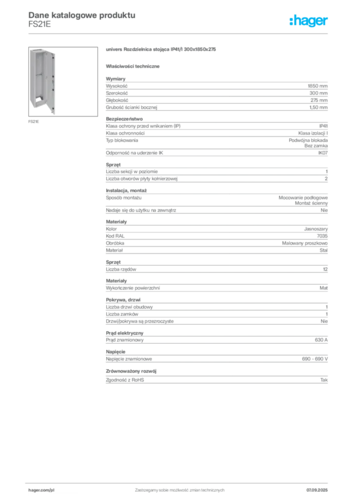 Zdjęcie Hager Dane katalogowe produktu FS21E | Hager Polska