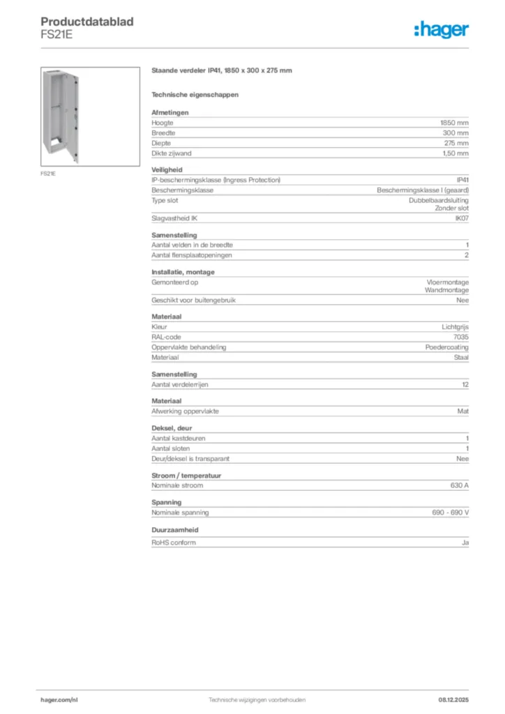 Afbeelding Hager Productdatablad FS21E | Hager Nederland