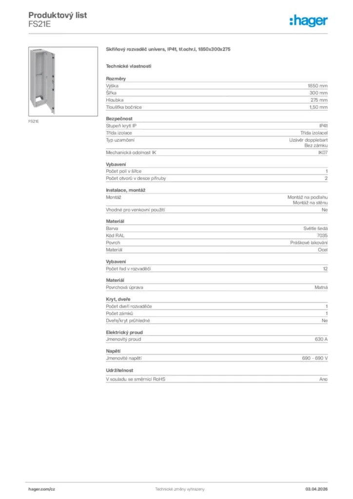 Obrázek Hager Product data sheet FS21E | Hager