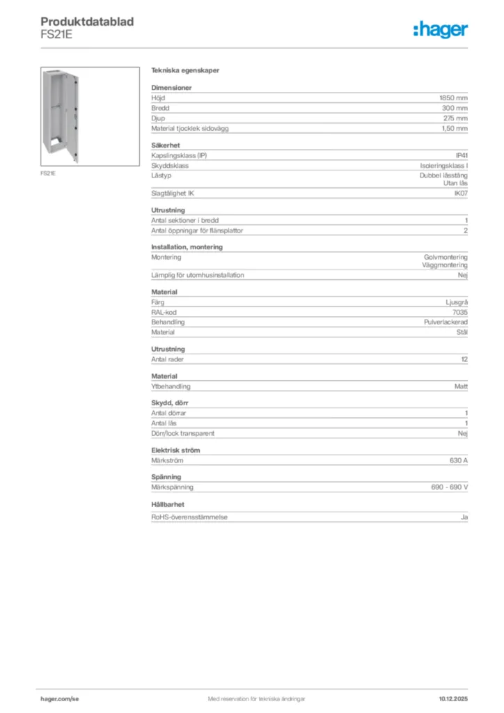 Bild Hager Produktdatablad FS21E | Hager Sverige