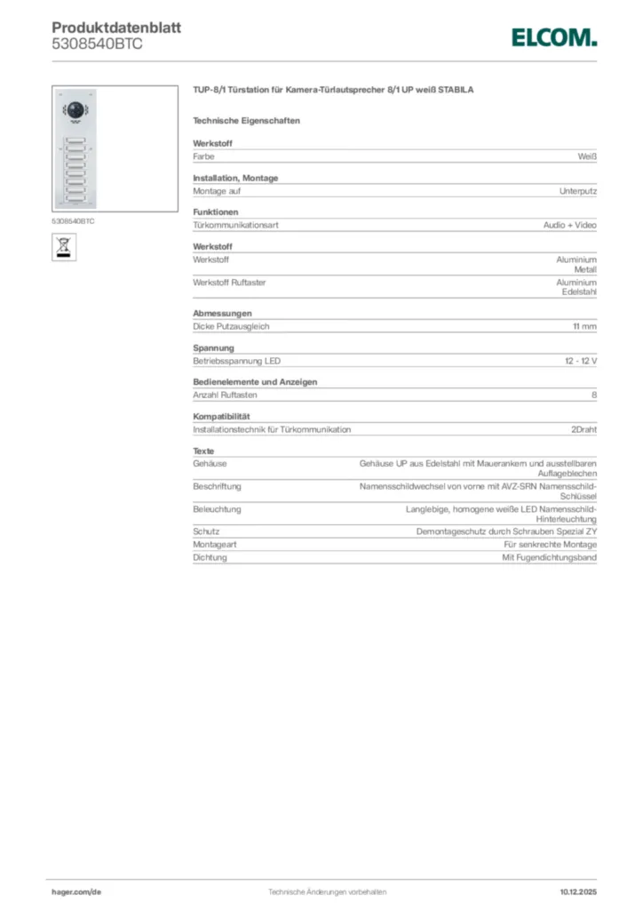Bild Elcom Produktdatenblatt 5308540BTC | Hager Deutschland