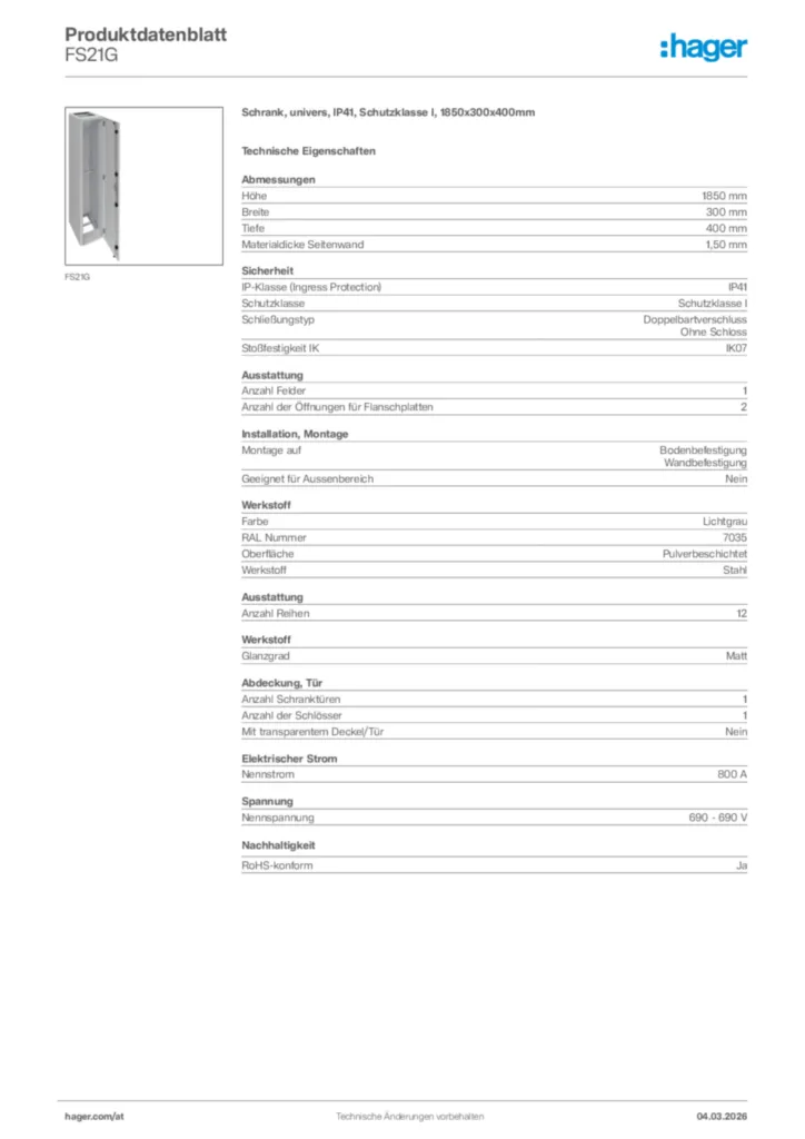 Bild Hager Produktdatenblatt FS21G | Hager Deutschland