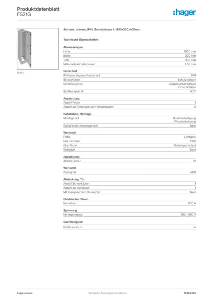 Bild Hager Produktdatenblatt FS21G | Hager Deutschland