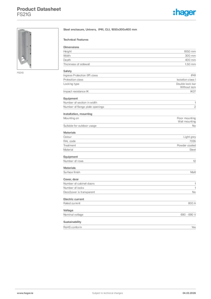 Image Hager Product data sheet FS21G  | Hager