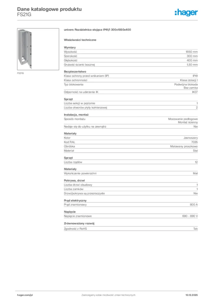 Zdjęcie Hager Dane katalogowe produktu FS21G | Hager Polska